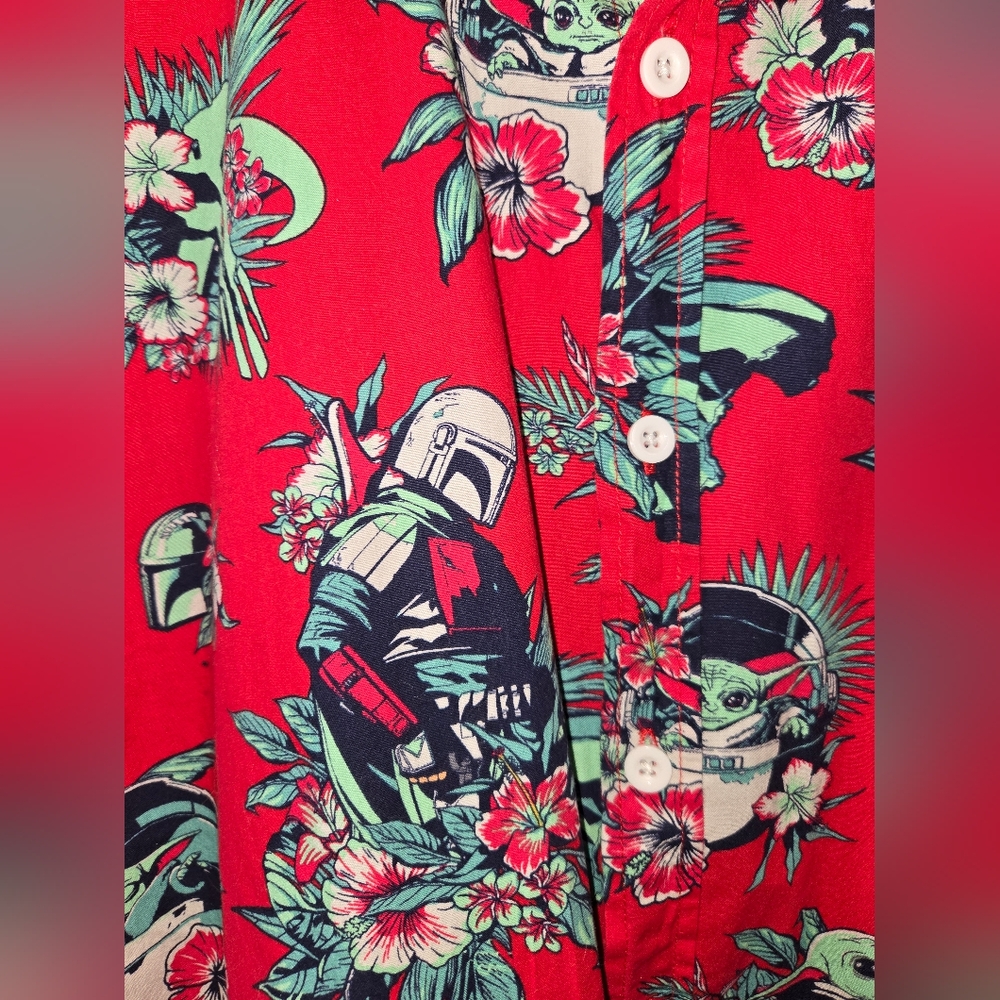 Star Wars Baby Yoda Boba Fett Hawaiian Shirt Floral Aloha Sz L - Picture 3 of 5